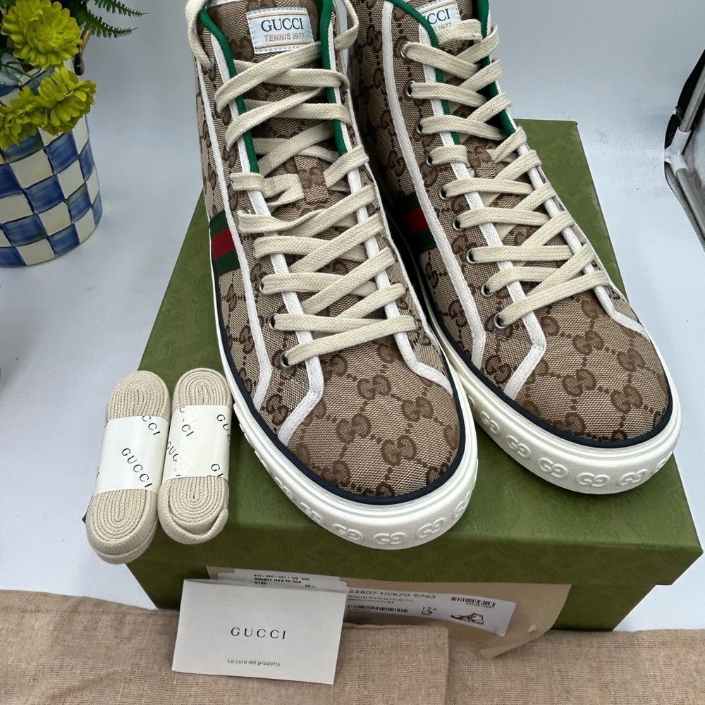 Men's Gucci tennis 1977 high top sneakers size 12.5 made in Italy - Picture 2 of 10
